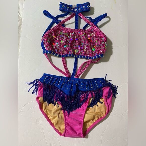 Glamour solo sassy dance costume blue pink embellished rhinestone fringe LC - Picture 3 of 13